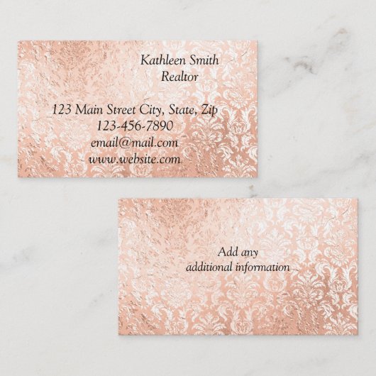 Carte De Visite Script élégant rose Gold Damask (Devant / Derrière)