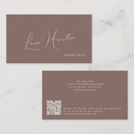 Carte De Visite Script féminin moderne simple QR code beauté brune (Devant / Derrière)