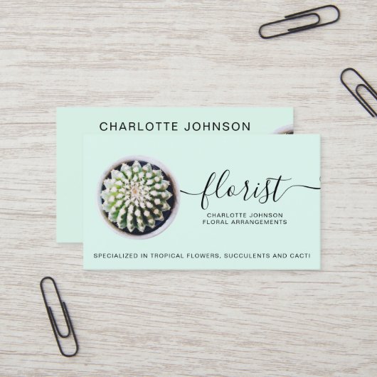 Carte De Visite script fleuriste moderne tropical cactus photo tur (Devant/Arrière en situation)