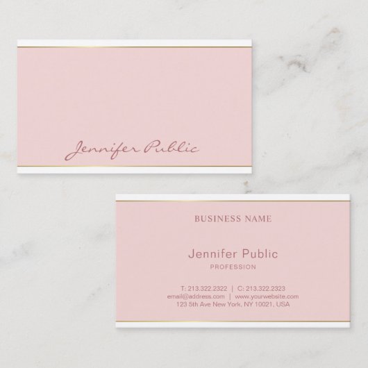 Carte De Visite Script manuscrit Blush Pink Or Modèle Chic (Devant / Derrière)