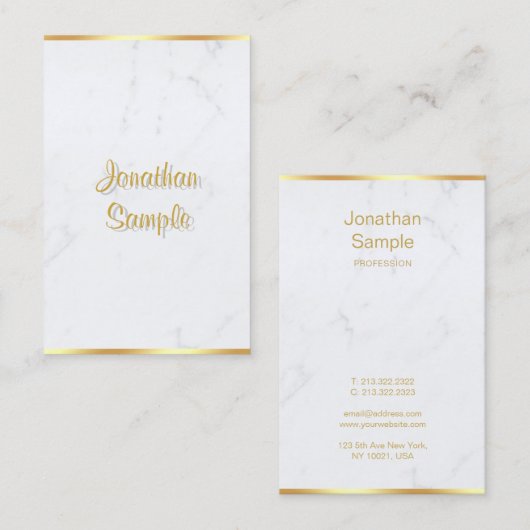 Carte De Visite Script manuscrit Elegant Marbre blanc Or (Devant / Derrière)