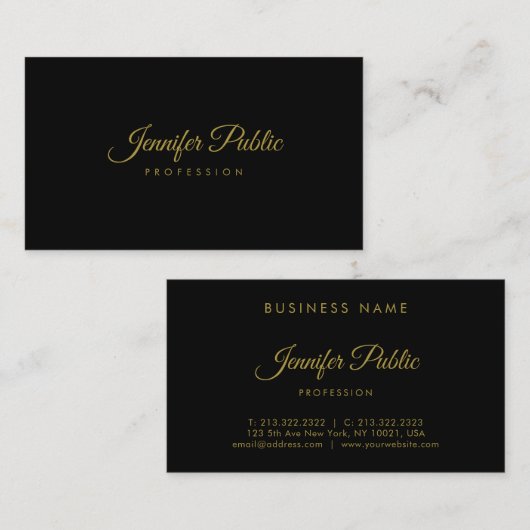 Carte De Visite Script manuscrit Or Élégant Simple Noir Plain (Devant / Derrière)