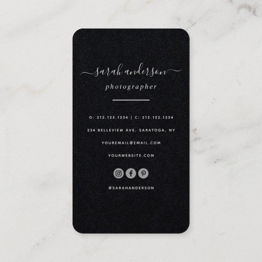 Carte De Visite Script Modern Typography Photographe Cool noir (Dos)