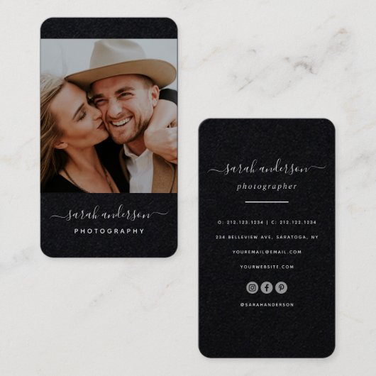 Carte De Visite Script Modern Typography Photographe Cool noir (Devant / Derrière)
