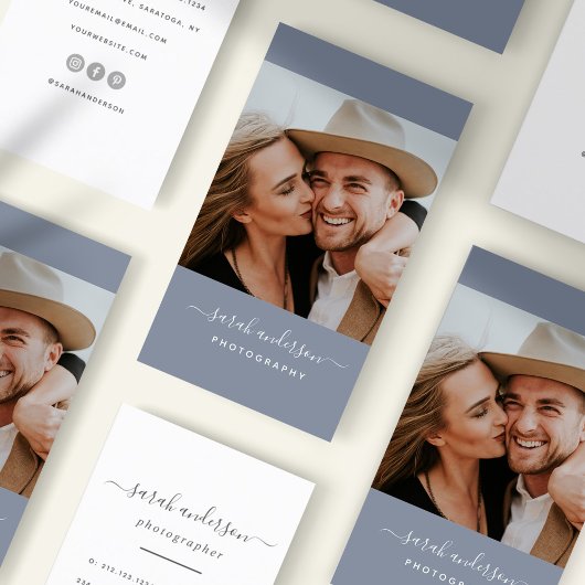 Carte De Visite Script Modern Typography Photographe Dusty Blue