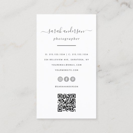Carte De Visite Script Modern Typography Photographe QR CODE (Dos)