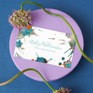 Carte De Visite Script moderne aquarelle argent turquoise scintill