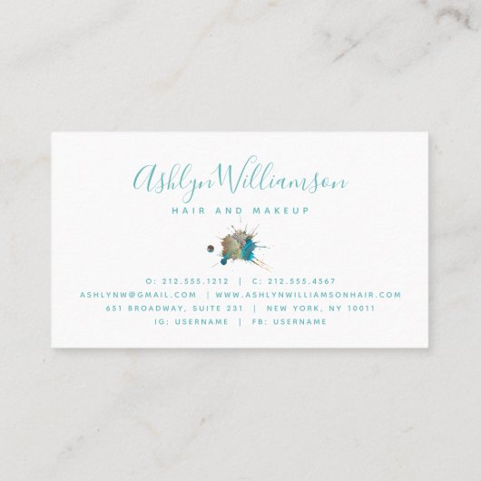 Carte De Visite Script moderne aquarelle argent turquoise scintill (Dos)