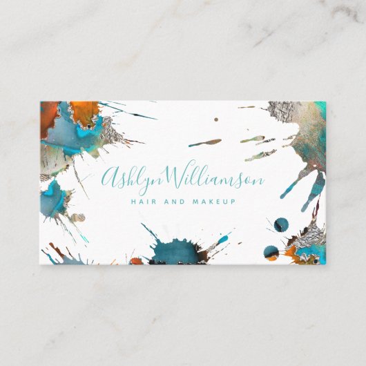 Carte De Visite Script moderne aquarelle argent turquoise scintill (Devant)