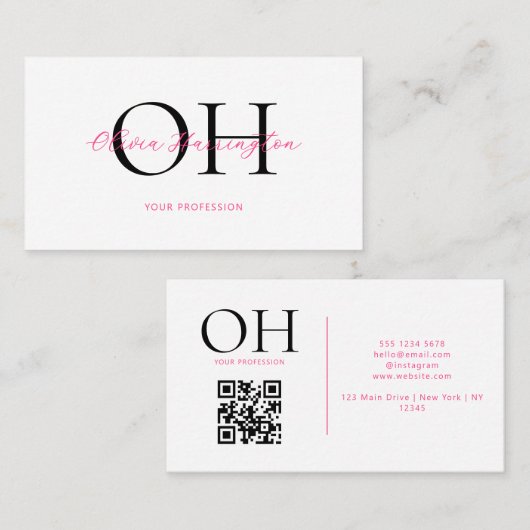 Carte De Visite Script moderne blanc et rose QR Code Monogramme (Devant / Derrière)