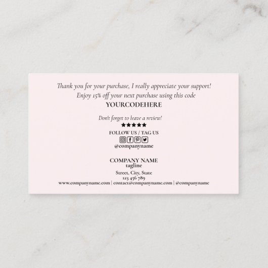 Carte De Visite script moderne blush rose coeur merci pour l'ordre (Dos)