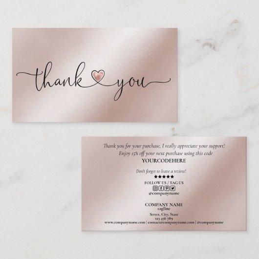 Carte De Visite script moderne blush rose coeur merci pour l'ordre (Devant / Derrière)