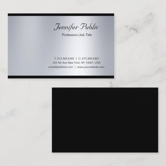 Carte De Visite Script moderne de glamour Silver Luxe à la mode (Devant / Derrière)