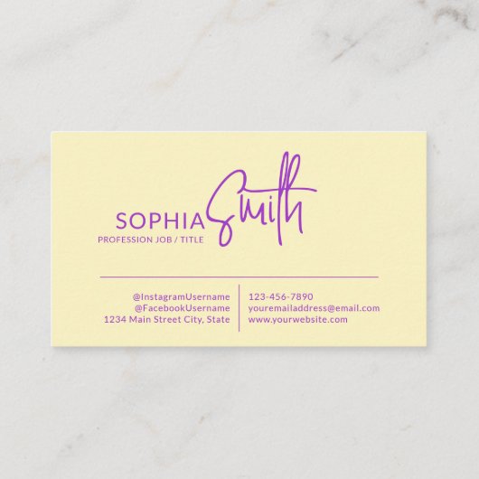 Carte De Visite Script moderne élégant Pale Jaune & Violet (Dos)