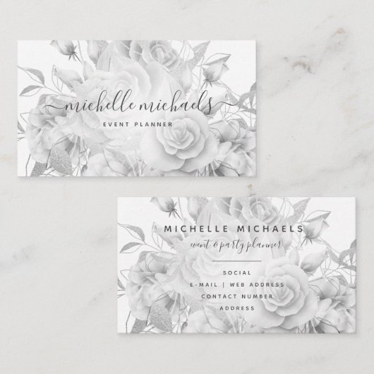 Carte De Visite Script moderne floral simple noir et blanc (Devant / Derrière)
