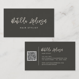 Carte De Visite Script moderne gris charbon minimum QR CODE