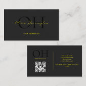 Carte De Visite Script moderne noir et jaune QR Code Monogramme (Devant / Derrière)