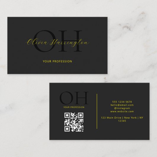 Carte De Visite Script moderne noir et jaune QR Code Monogramme (Devant / Derrière)