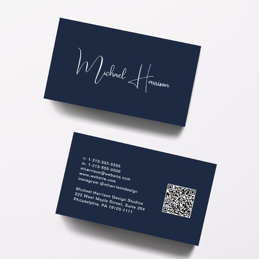 Carte De Visite Script moderne professionnel QR Code Bleu