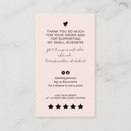 Carte De Visite Script moderne QR code blush rose ordre merci (Dos)