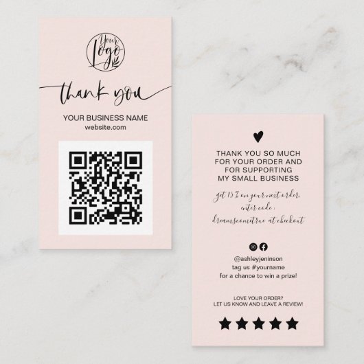Carte De Visite Script moderne QR code blush rose ordre merci (Devant / Derrière)