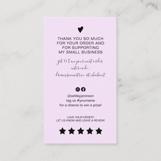 Carte De Visite Script moderne QR code lavender ordre merci (Dos)