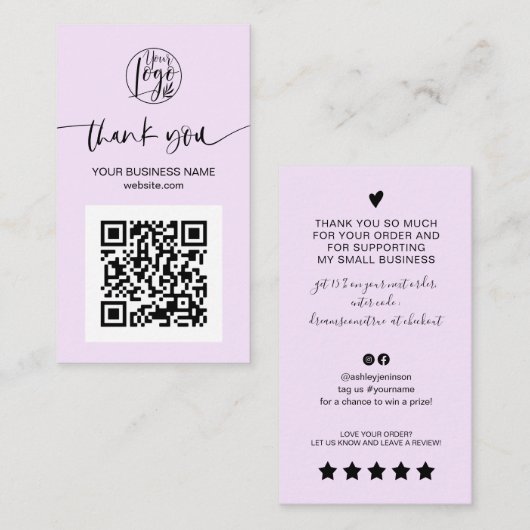 Carte De Visite Script moderne QR code lavender ordre merci (Devant / Derrière)