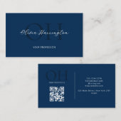 Carte De Visite Script moderne QR Code Marine Blue Monogramme (Devant / Derrière)