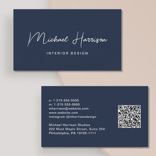 Carte De Visite Script moderne QR Code Professional Blue