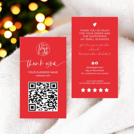 Carte De Visite Script moderne QR code rouge ordre merci