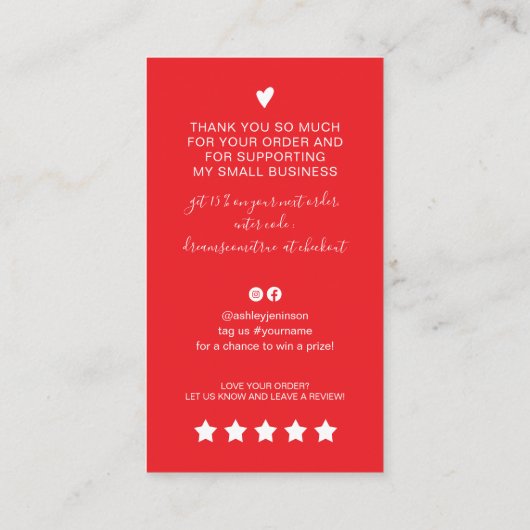 Carte De Visite Script moderne QR code rouge ordre merci (Dos)