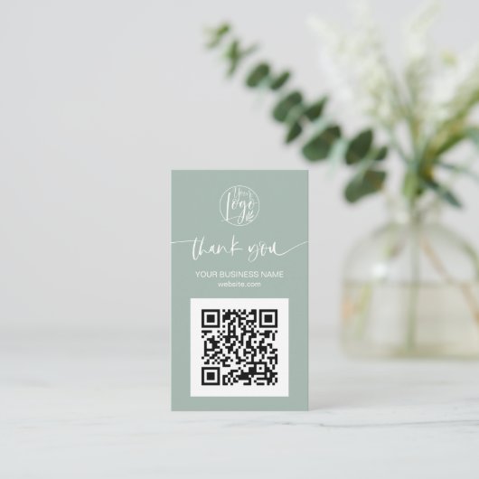 Carte De Visite Script moderne QR code sage vert ordre merci (Debout devant)