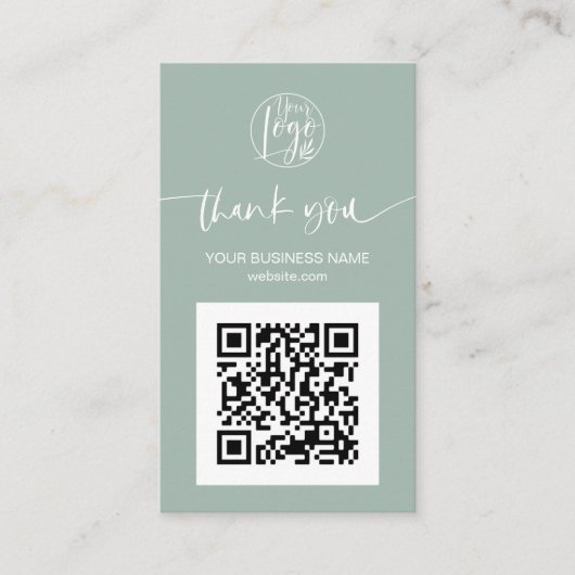 Carte De Visite Script moderne QR code sage vert ordre merci (Devant)