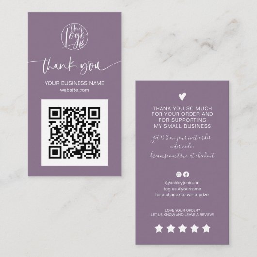 Carte De Visite Script moderne QR code violet ordre merci (Devant / Derrière)