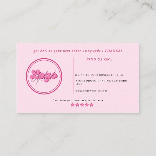 Carte De Visite Script moderne rétro rose rétro commande merci (Dos)