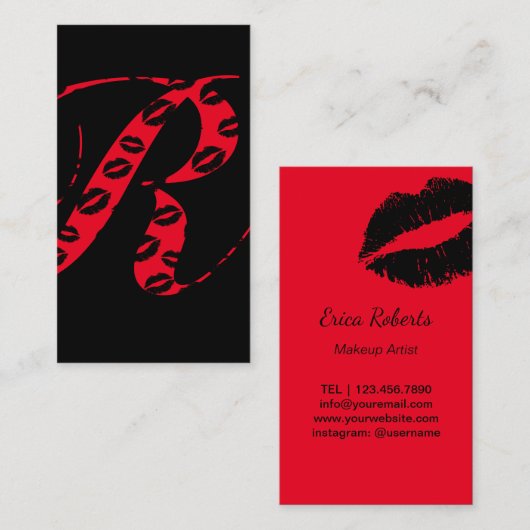 Carte De Visite Script Monogramme de maquillage noir et rouge init (Devant / Derrière)