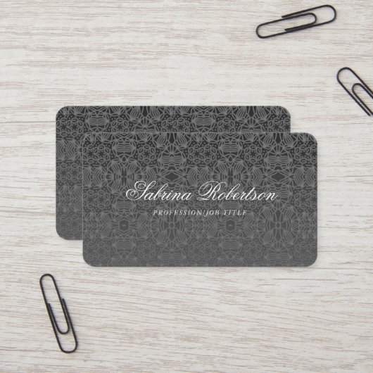 Carte De Visite Script Motif ornemental en argent Black Faux (Devant/Arrière en situation)