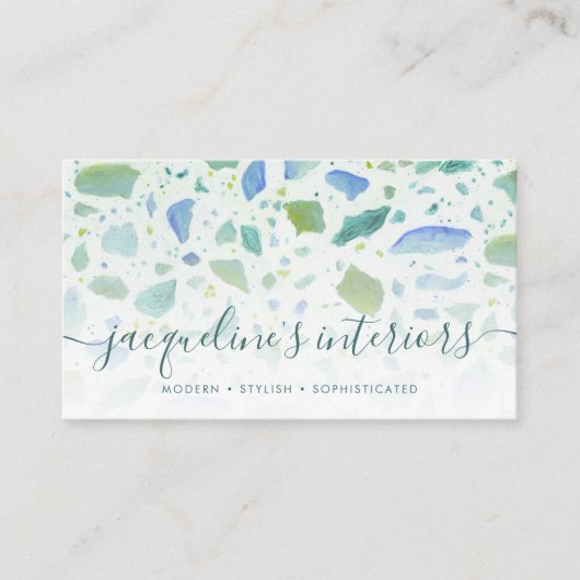 Carte De Visite Script Motif Terrazzo moderne Aqua Blue Green (Devant)