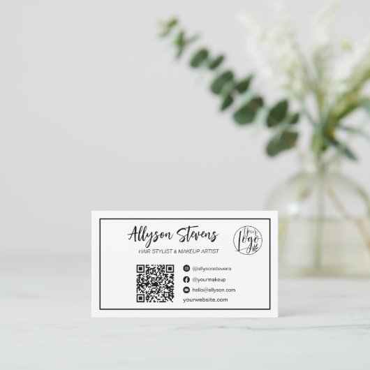 Carte De Visite Script noir blanc maquillage photo logo qr code (Debout devant)