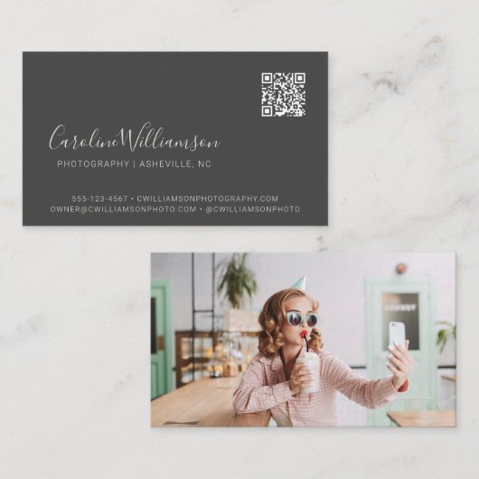 Carte De Visite Script noir moderne photo QR Code minimal tendance (Devant / Derrière)