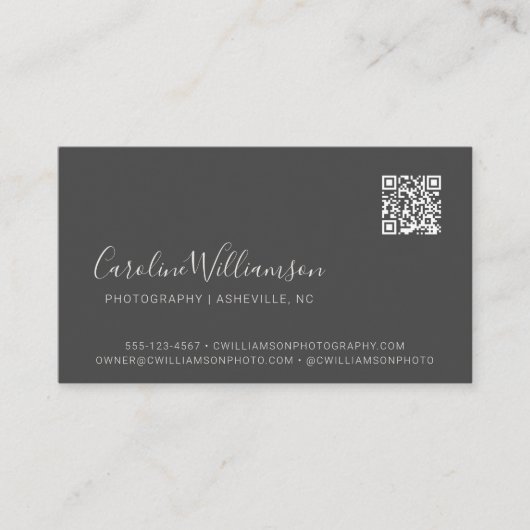 Carte De Visite Script noir moderne photo QR Code minimal tendance (Devant)