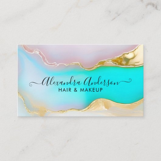 Carte De Visite Script Opal en marbre bleu or de luxe (Devant)