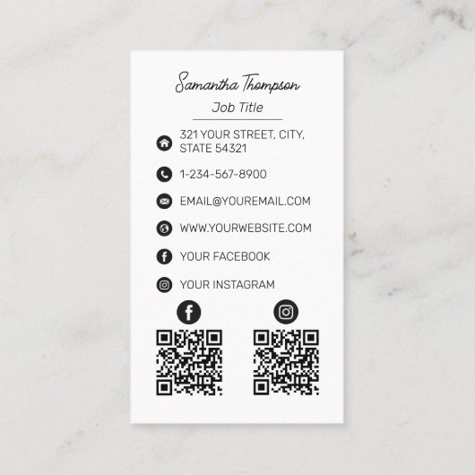 Carte De Visite Script Professional Photographie 2 codes QR (Dos)