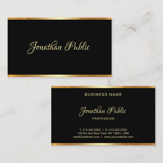Carte De Visite Script Professionnel Modèle Noir Et Or Moderne (Devant / Derrière)