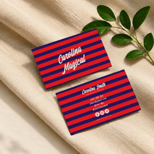 Carte de visite script rayée rouge bleu tendance