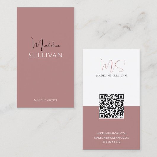 Carte De Visite Script Rose Dusty QR Code moderne (Devant / Derrière)
