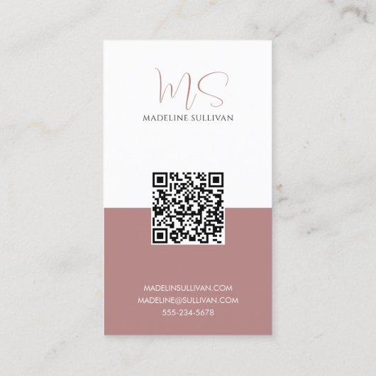 Carte De Visite Script Rose Dusty QR Code moderne (Dos)