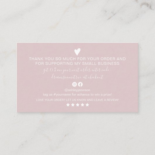 Carte De Visite Script rose poussiéreux moderne commander merci (Dos)