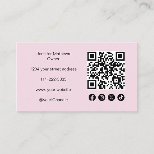 Carte De Visite Script rose vif Icône sociale Code QR maquillage p (Dos)