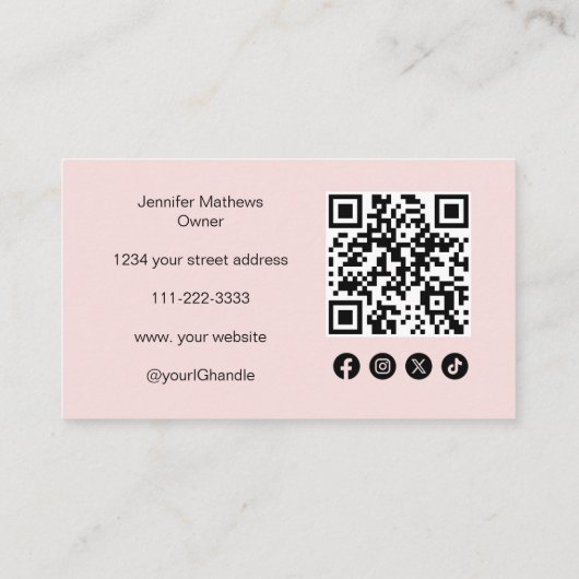 Carte De Visite Script rose vif Icône sociale Code QR maquillage p (Dos)